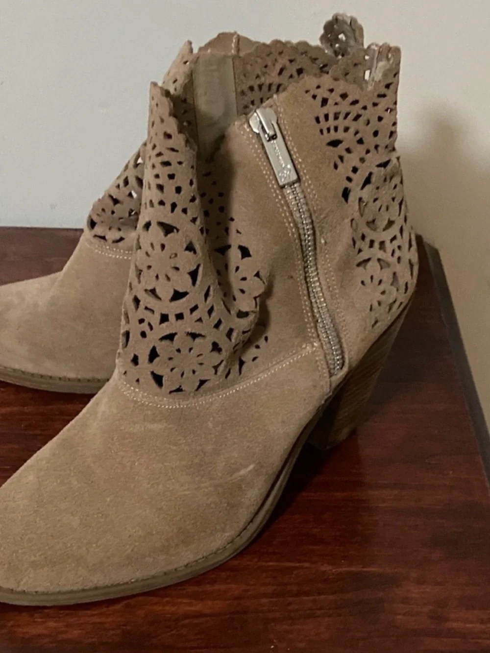 Jessica Simpson Taupe Suede Laser-Cut Ankle Booties